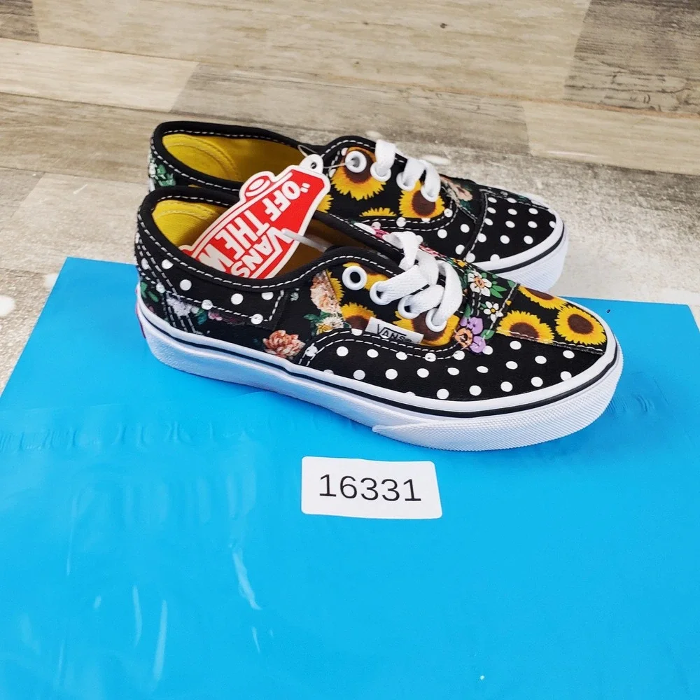 Vans Authentic Kids Shoes Sz 12 Black Yellow Sunflower Patchwork Print Sneakers